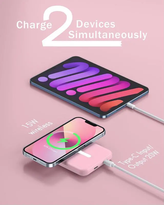 Alt view image 6 of 7 - for Magsafe Battery Pack 5000mAh Magnetic Power Bank with Type-C Cable 20W PD Fast Charging Lighting Input Wireless Portable Charger for iPhone 16/15/14/13/12/ All Series-Pink