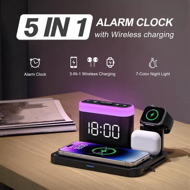 Alt view image 2 of 7 - Wireless Charging Station 5 in 1 Multiple Charger Stand with Alarm Clock 7 Night Light Mag-Safe Charging Dock for iPhone 17 16 15 14 13 12 Pro Max Plus  Watch 11/10/9/8 for Airpods Bedroom