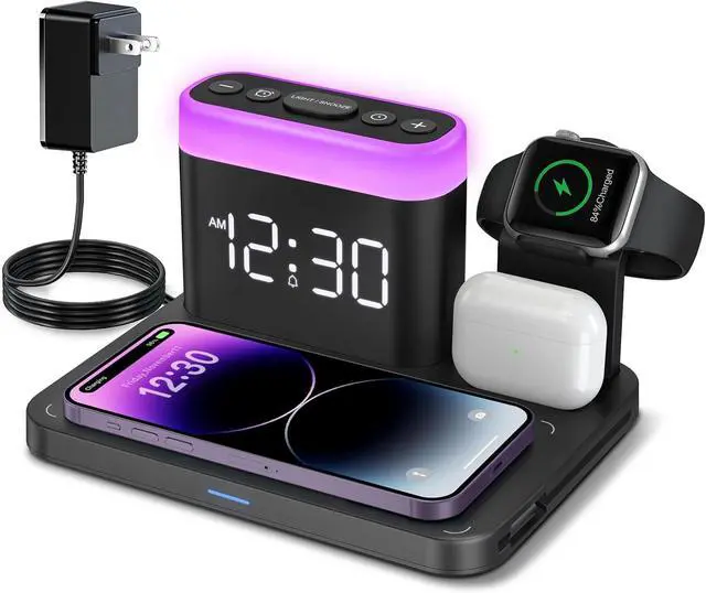 Main image of Wireless Charging Station 5 in 1 Multiple Charger Stand with Alarm Clock 7 Night Light Mag-Safe Charging Dock for iPhone 17 16 15 14 13 12 Pro Max Plus  Watch 11/10/9/8 for Airpods Bedroom