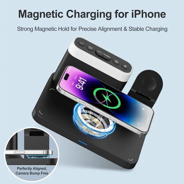 Alt view image 4 of 7 - Wireless Charging Station 5 in 1 Multiple Charger Stand with Alarm Clock 7 Night Light Mag-Safe Charging Dock for iPhone 17 16 15 14 13 12 Pro Max Plus  Watch 11/10/9/8 for Airpods Bedroom