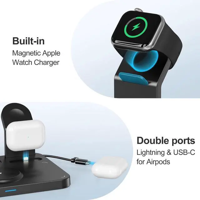 Alt view image 5 of 7 - Wireless Charging Station 5 in 1 Multiple Charger Stand with Alarm Clock 7 Night Light Mag-Safe Charging Dock for iPhone 17 16 15 14 13 12 Pro Max Plus  Watch 11/10/9/8 for Airpods Bedroom