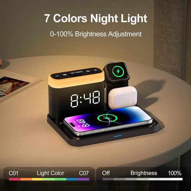 Alt view image 6 of 7 - Wireless Charging Station 5 in 1 Multiple Charger Stand with Alarm Clock 7 Night Light Mag-Safe Charging Dock for iPhone 17 16 15 14 13 12 Pro Max Plus  Watch 11/10/9/8 for Airpods Bedroom