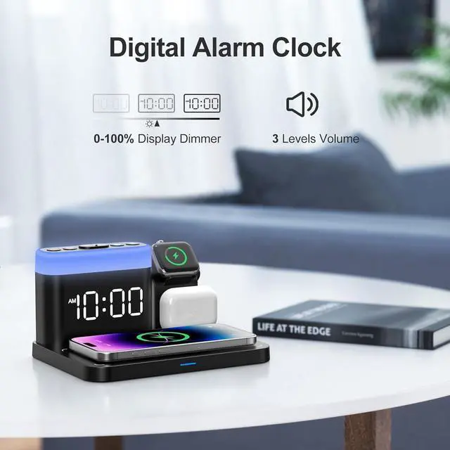 Alt view image 7 of 7 - Wireless Charging Station 5 in 1 Multiple Charger Stand with Alarm Clock 7 Night Light Mag-Safe Charging Dock for iPhone 17 16 15 14 13 12 Pro Max Plus  Watch 11/10/9/8 for Airpods Bedroom