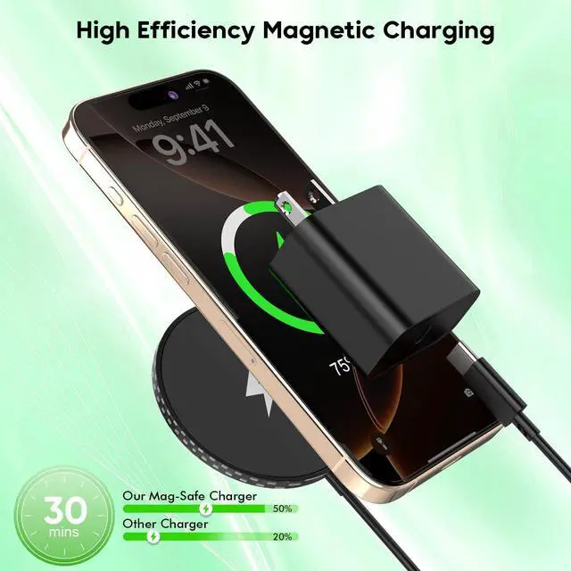 Alt view image 2 of 7 - Wireless Charger for iPhone 16 15 Magnetic Wireless Charger Black 6Foot  Fast Mag-Safe Charging Pad with USB C Charging Block for iPhone 16/16Pro/16ProMax/15/15Pro/14/13/12/Plus AirPods 3/2/Pro 2