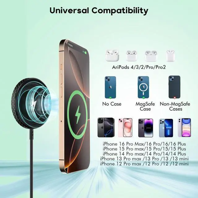 Alt view image 6 of 7 - Wireless Charger for iPhone 16 15 Magnetic Wireless Charger Black 6Foot  Fast Mag-Safe Charging Pad with USB C Charging Block for iPhone 16/16Pro/16ProMax/15/15Pro/14/13/12/Plus AirPods 3/2/Pro 2