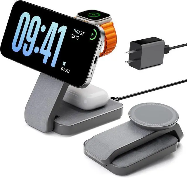 Main image of 3 in 1 Foldable Wireless Charging Station for MagSafe, Nightstand Magnetic Charger Stand for iPhone 16 15 14 13 Pro Max, Travel Charging Dock with Night Light for Apple Watch/AirPods (Gray)