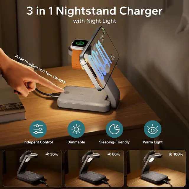 Alt view image 2 of 7 - 3 in 1 Foldable Wireless Charging Station for MagSafe, Nightstand Magnetic Charger Stand for iPhone 16 15 14 13 Pro Max, Travel Charging Dock with Night Light for Apple Watch/AirPods (Gray)