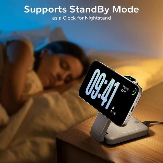 Alt view image 6 of 7 - 3 in 1 Foldable Wireless Charging Station for MagSafe, Nightstand Magnetic Charger Stand for iPhone 16 15 14 13 Pro Max, Travel Charging Dock with Night Light for Apple Watch/AirPods (Gray)