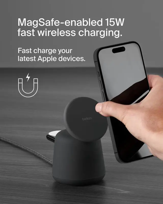 Alt view image 2 of 6 - 2-in-1 MagSafe Wireless Charging Dock 15W Fast Charge iPhone Charger Compatible with iPhone 16 15 14 and 13 Series AirPods and Other MagSafe Enabled Devices Includes Power Supply - Black