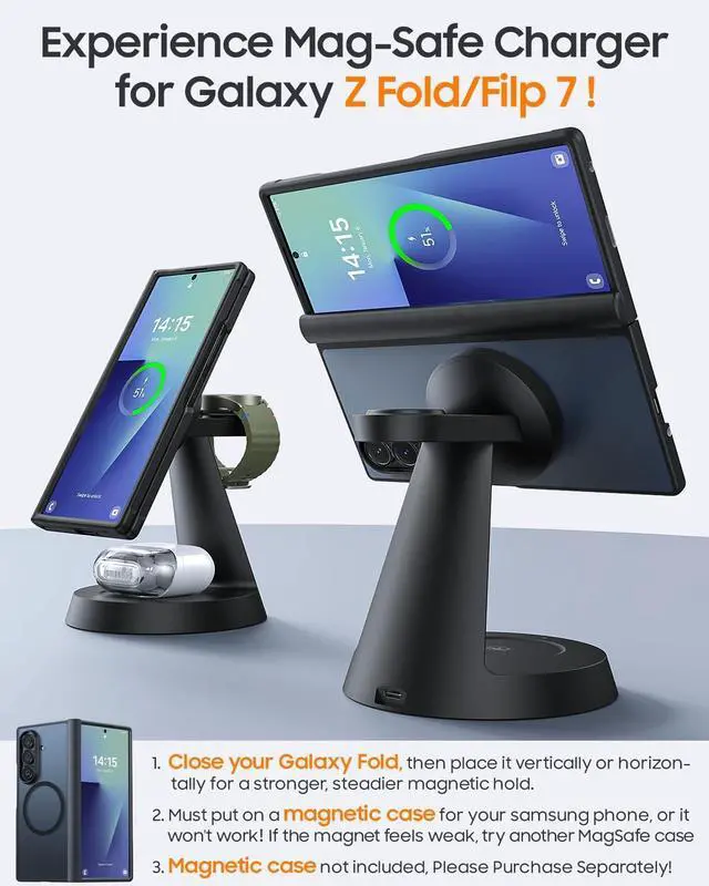 Alt view image 2 of 7 - Magnetic Wireless Charger for  3 in 1 Charging Station Compatible with MagSafe  Charger for Galaxy S25 Ultra S24 Z Fold7/Flip7 Watch Charger Stand for Galaxy Watch Ultra 8 7 for Buds