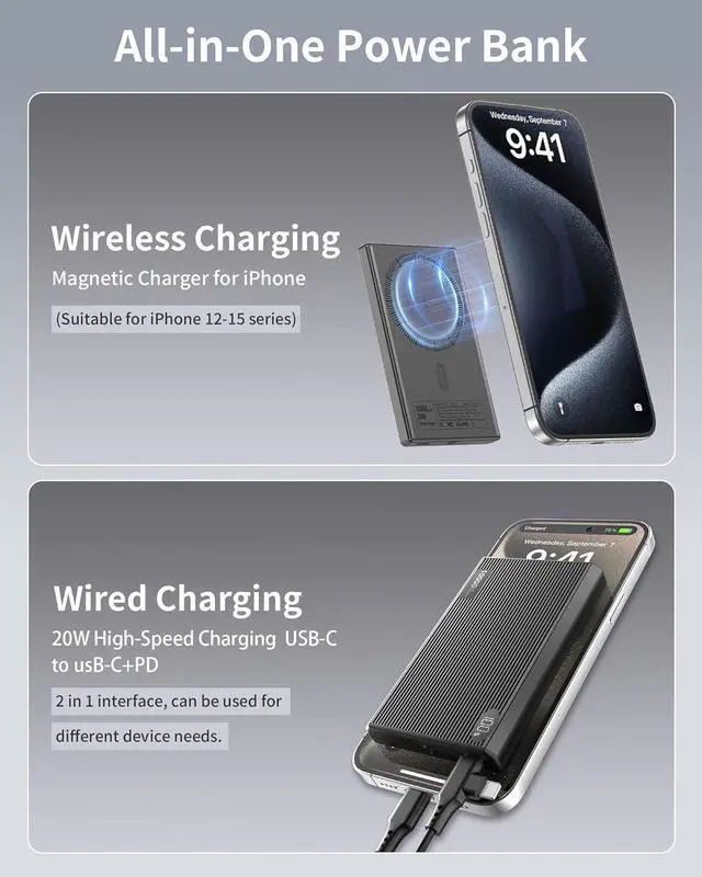 Alt view image 2 of 6 - Portable Charger Power Bank 10000mAh Wireless Charger iPhone with USB C to 20 W PD Fast Charging Cable Mag-Safe Battery Pack Magnetic Charger for iPhone 16/15/14/13/12 Pro/Pro Max/Plus iPad