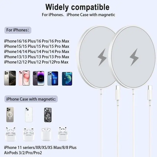 Alt view image 7 of 7 - Magnetic Wireless Charger for iPhone 2Pack 6.6FT  Mag-Safe Charger Wireless Charging Magnetic Cable with USB C Fast Charging Block for iPhone 16/16 Pro/Pro Max/15/14/13/12/Plus AirPods 3/2/Pro 2