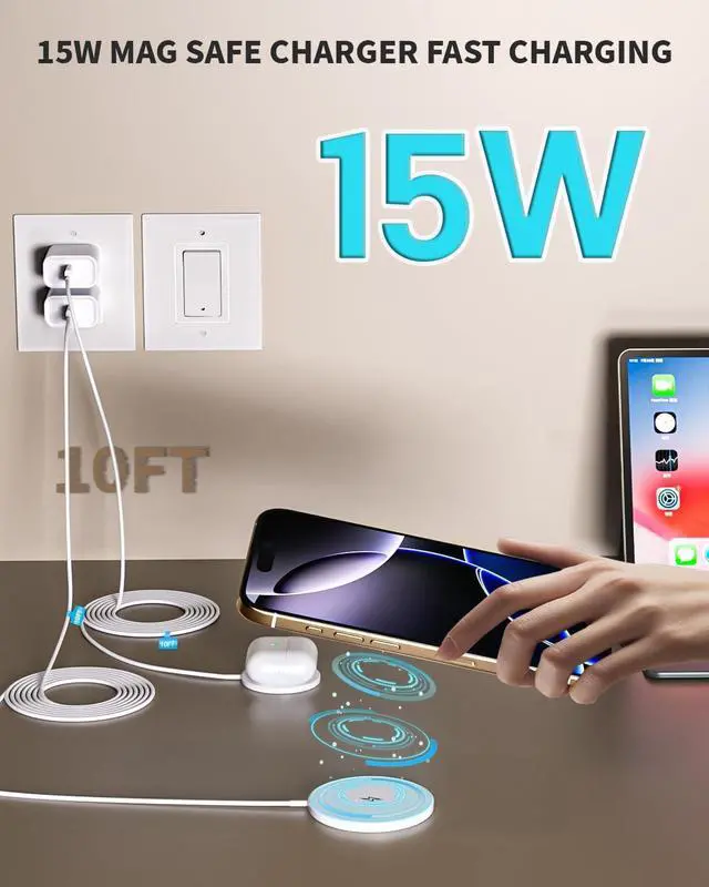 Alt view image 2 of 7 - 10FT Magnetic Charger for iPhone 15W Fast Mag Safe Wireless Charging Pad for iPhone16 Pro Max/16 Plus/15 Pro Max Magnet iPhone Wireless Charger Stand Mag safe for iPhone16/15/14/13/12 AirPods 3/2/Pro