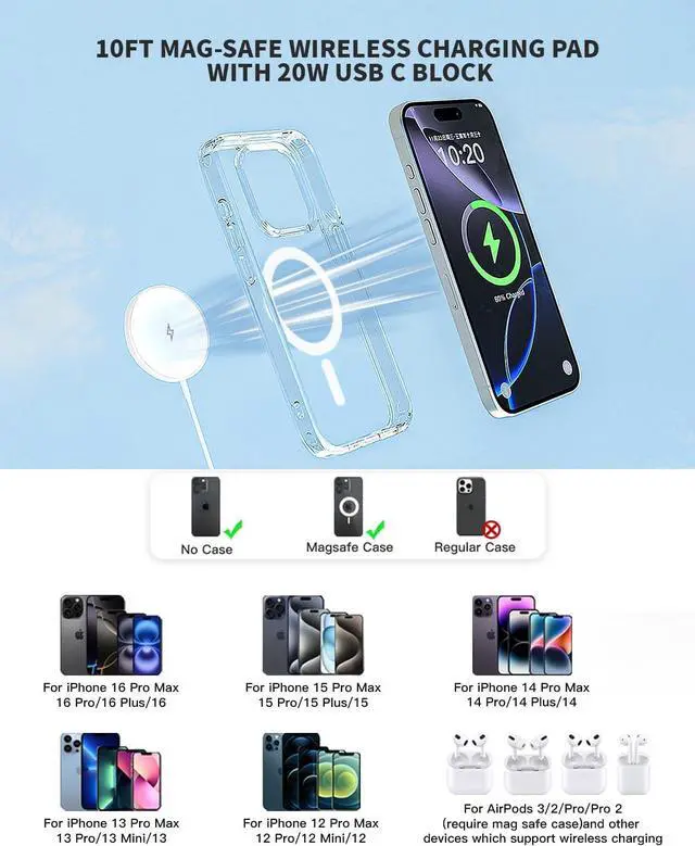 Alt view image 7 of 7 - 10FT Magnetic Charger for iPhone 15W Fast Mag Safe Wireless Charging Pad for iPhone16 Pro Max/16 Plus/15 Pro Max Magnet iPhone Wireless Charger Stand Mag safe for iPhone16/15/14/13/12 AirPods 3/2/Pro
