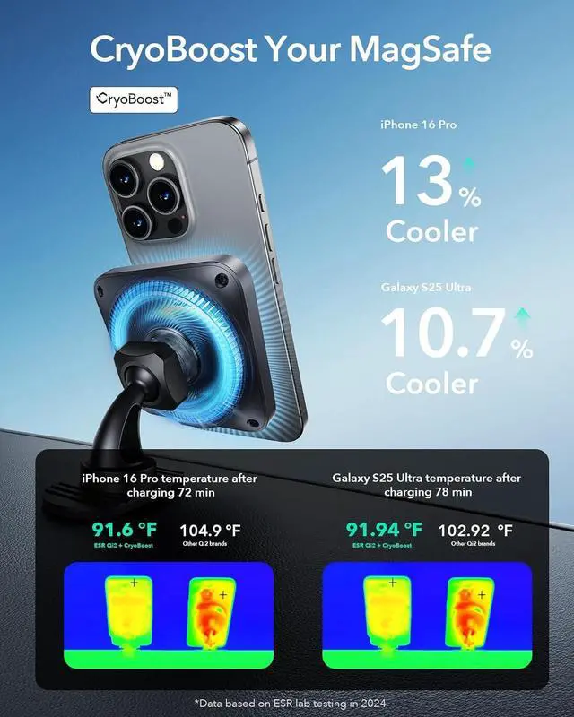 Alt view image 4 of 7 - ESR for Qi2 15W MagSafe Car Mount Charger with CryoBoost, Phone Cooling MagSafe Car Charger, Air Vent/Dashboard Wireless Charging for iPhone 16/15/14/13/12, Galaxy S25 Series, Fast Charger, Black