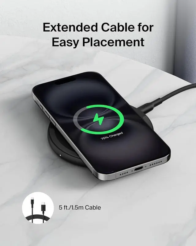 Alt view image 7 of 7 - Wireless Charging Pad 15W - Qi Charger Charging Station for  iPhone 16 iPhone 15/14/13 Series AirPods  Galaxy S25 Galaxy S24 Pixel - Power Supply and Cable Included - Black