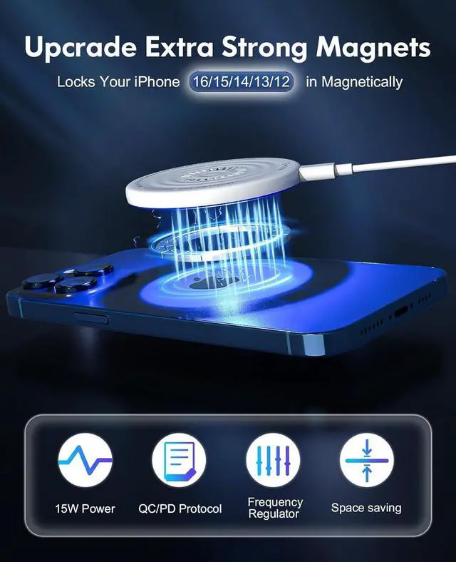 Alt view image 3 of 7 - MagSafe Charger 2 Pack 15W Magnetic Wireless Charger Fast Charging Pad with 20W Adapter and 6FT Cables for iPhone 16/15/14/13/12 Series/AirPods 3/2/Pro  MagSafe Chargers for Travel/Office/Home