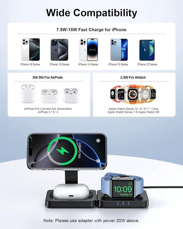 Alt view image 2 of 7 - 2025 Magnetic Wireless Charging Station - 3 in 1 Foldable Mag-Safe Charger Stand for Multiple  Devices Travel Charging Pad for iPhone 16 15 14 13 12 Pro Max Plus  Watch AirPods