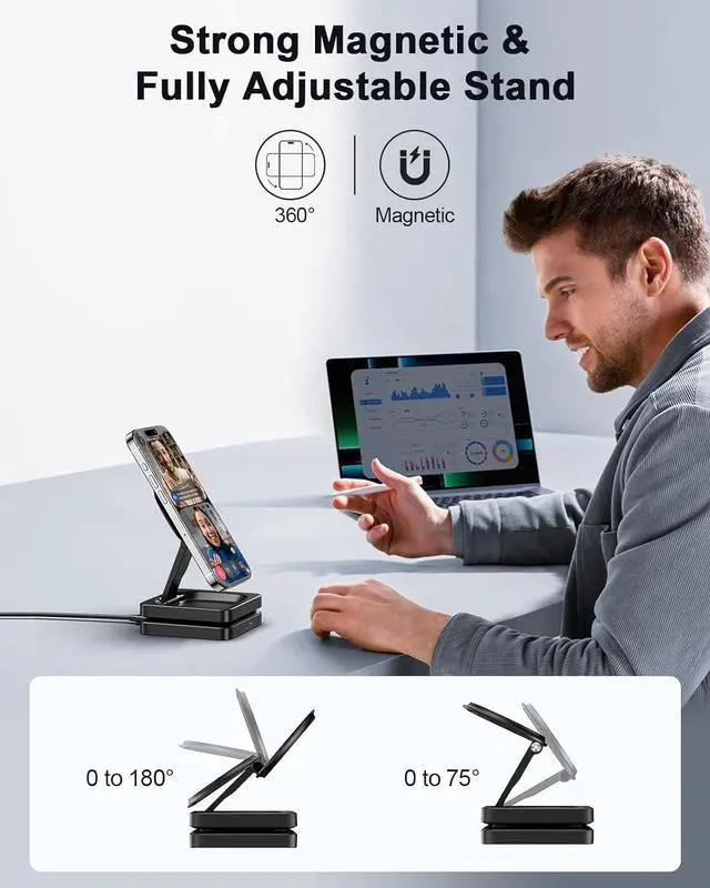 Alt view image 4 of 7 - 2025 Magnetic Wireless Charging Station - 3 in 1 Foldable Mag-Safe Charger Stand for Multiple  Devices Travel Charging Pad for iPhone 16 15 14 13 12 Pro Max Plus  Watch AirPods