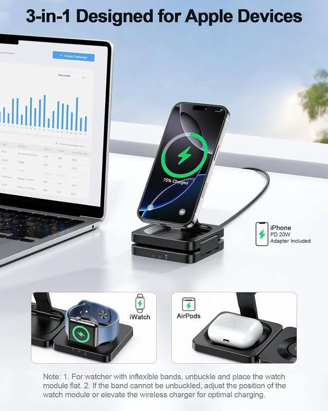 Alt view image 5 of 7 - 2025 Magnetic Wireless Charging Station - 3 in 1 Foldable Mag-Safe Charger Stand for Multiple  Devices Travel Charging Pad for iPhone 16 15 14 13 12 Pro Max Plus  Watch AirPods