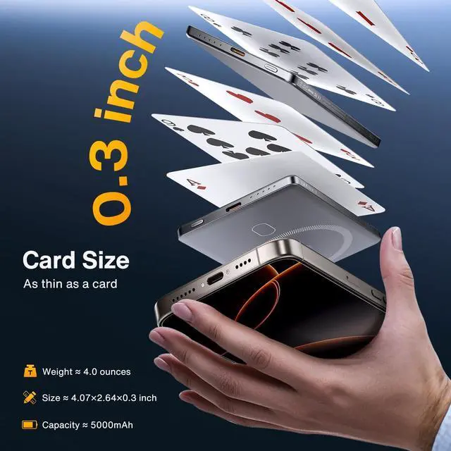 Alt view image 2 of 7 - 0.3 Ultra Slim MagSafe Power Bank 5000mAh Card-Thin Fast Charging Portable Charger Qi Certified Magnetic Battery Pack Temp Control Wireless Charger for iPhone 17/16/15/14/13/12 Pro Max Air