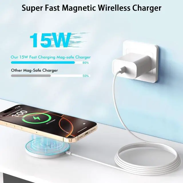 Alt view image 2 of 7 - Magnetic iPhone Wireless Charger 10FT Fast Charging  Mag Safe Charger Wireless Charging Pad for iPhone 16 Pro Max/16 Plus/15 Pro Max/15 Plus/14/13/12/11/AirPods 4/3/Pro2 Phone Mag safe Charge Pad