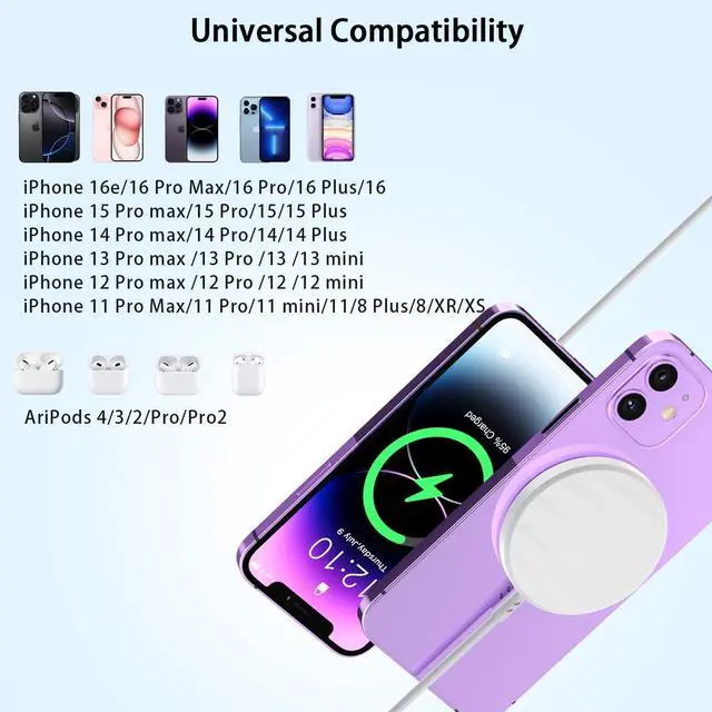 Alt view image 7 of 7 - Magnetic iPhone Wireless Charger 10FT Fast Charging  Mag Safe Charger Wireless Charging Pad for iPhone 16 Pro Max/16 Plus/15 Pro Max/15 Plus/14/13/12/11/AirPods 4/3/Pro2 Phone Mag safe Charge Pad
