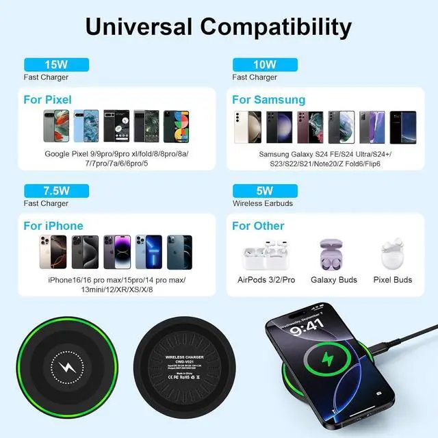 Alt view image 7 of 7 - 15W Wireless Charger Fast Charging Pad for Motorola Moto G Power 2025/razr+/G Stylus 5G 2024/Edge+ Android Wireless Charging Station with 18W Adapter for  Galaxy S25 Ultra S24 FE 23 Pixel 9 8a