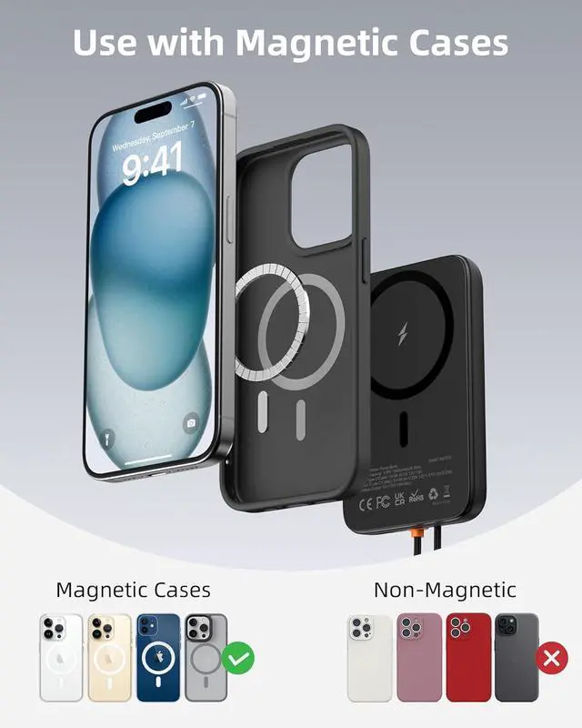 Alt view image 4 of 7 - for Magsafe Power Bank 10 000mAh Magnetic Battery Pack Built-in USB-C PD 22.5W Fast Charging LCD Display Magnetic Portable Charger Compatible for iPhone 16/15/14/13/12 Series Black