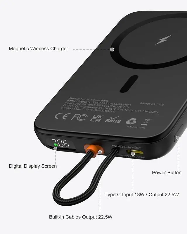 Alt view image 7 of 7 - for Magsafe Power Bank 10 000mAh Magnetic Battery Pack Built-in USB-C PD 22.5W Fast Charging LCD Display Magnetic Portable Charger Compatible for iPhone 16/15/14/13/12 Series Black