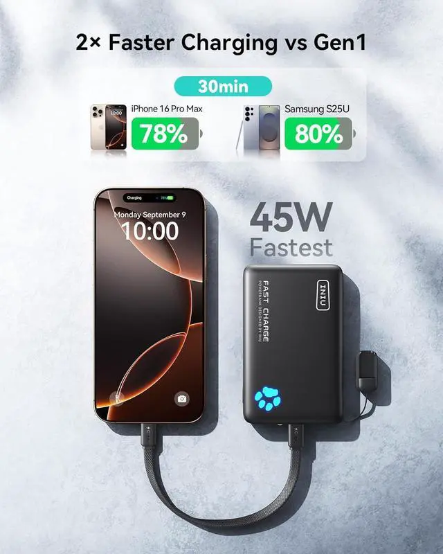 Alt view image 3 of 7 - Portable Charger Lightest 10000mAh 45W PD Power Bank USB C in&Out Fast Charging Battery Pack External Phone Powerbank Compatible with iPhone 16 15 14 13  S22 S21 Google iPad etc