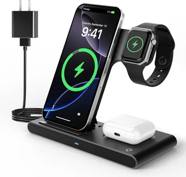 Main image of Portable Wireless Fast Charger 3in1 for iPhone 16e 16 15 14 13 12 11 Pro Max for  Watch 10-2 Ultra Se Charging Station for  4 3 2 - Office Home Travel Nightstand Gifts for Family Black