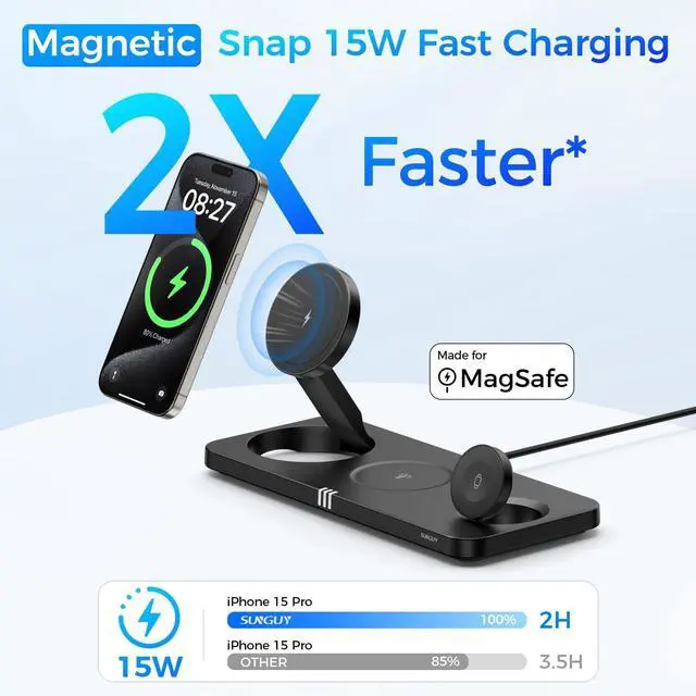 Alt view image 2 of 7 - 3 in 1 Wireless Charging Station for  Dvices 15W Fast Magnetic Charger Foldable Travel Mag-Safe Charger Stand for iPhone 16/15/14/13/12 Pro Max Plus iWatch S10/Ultra - S2 AirPods 4/Pro/3/2