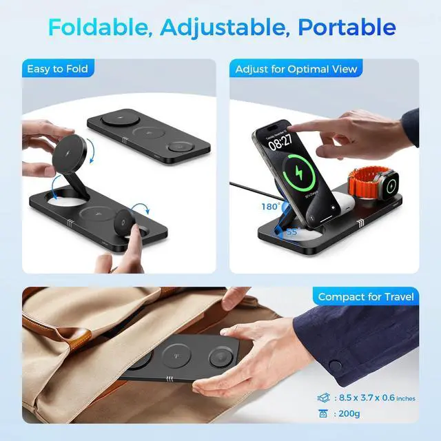 Alt view image 3 of 7 - 3 in 1 Wireless Charging Station for  Dvices 15W Fast Magnetic Charger Foldable Travel Mag-Safe Charger Stand for iPhone 16/15/14/13/12 Pro Max Plus iWatch S10/Ultra - S2 AirPods 4/Pro/3/2
