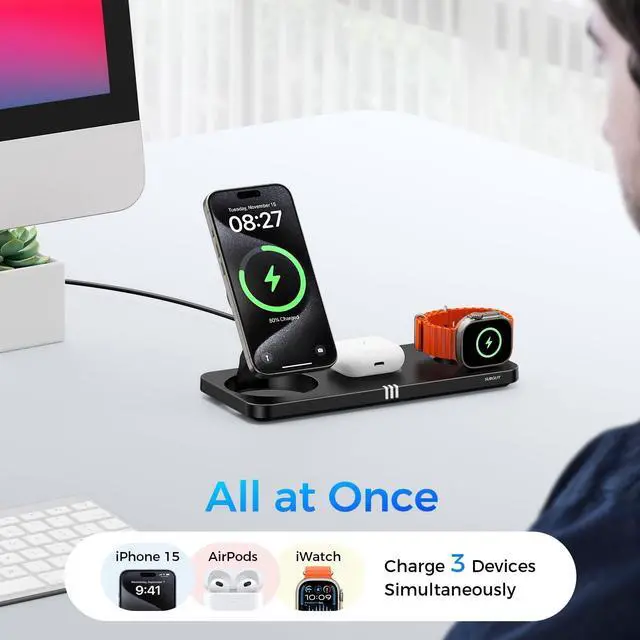 Alt view image 7 of 7 - 3 in 1 Wireless Charging Station for  Dvices 15W Fast Magnetic Charger Foldable Travel Mag-Safe Charger Stand for iPhone 16/15/14/13/12 Pro Max Plus iWatch S10/Ultra - S2 AirPods 4/Pro/3/2