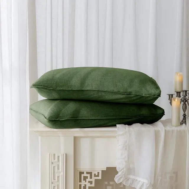 Main image of 100% Linen Pillowcases Set of 2 Envelope Overlap Closure French Natural Washed Flax Pillowcases 20x26 inches-Mossy Green
