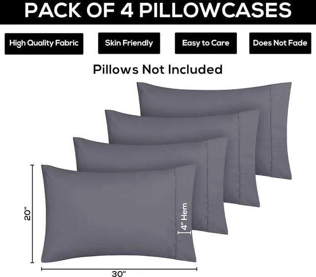 Alt view image 3 of 7 - Queen Pillow Cases - 4 Pack - Envelope Closure - Soft Brushed Microfiber Fabric - Shrinkage and Fade Resistant Pillow Covers Queen Size 20 X 30 Inches (Queen Grey)