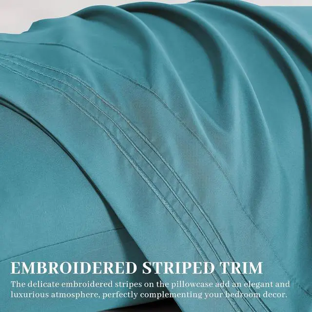 Alt view image 4 of 7 - Pillow Cases Standard Size Set of 4 Ultra Soft 1800TC Hotel Quality Double Brushed Microfiber Embroidered Pillowcases Envelope Closure Fade Resistant (20x26 Teal)