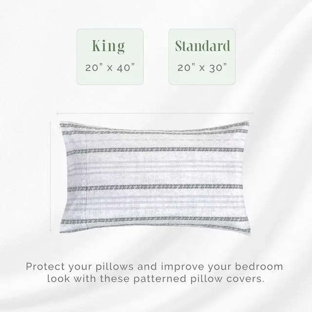 Alt view image 2 of 7 - Ultra Soft Set of 2 Striped Print Pillowcases - 1500 Premium Hotel Quality Microfiber Soft and Smooth Envelope Closure 2-Piece Pillow Covers - Standard/Queen Traci Gray