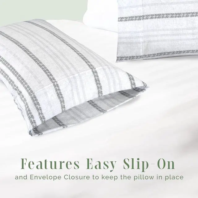 Alt view image 3 of 7 - Ultra Soft Set of 2 Striped Print Pillowcases - 1500 Premium Hotel Quality Microfiber Soft and Smooth Envelope Closure 2-Piece Pillow Covers - Standard/Queen Traci Gray