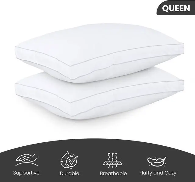 Alt view image 2 of 7 - Bed Pillows for Sleeping Queen Size (White) Set of 2 Cooling Hotel Quality Gusseted Pillow for Back Stomach or Side Sleepers