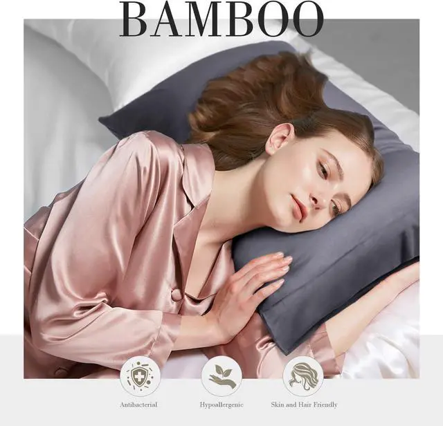 Alt view image 4 of 7 - Cooling Queen Pillow Cases Set of 2 Breathable Cool Silky Soft Rayon Derived from Bamboo Fabric Moisture Wicking for Hot Sleepers Hair and Skin Friendly Dark Grey 2 Pack 20x30IN
