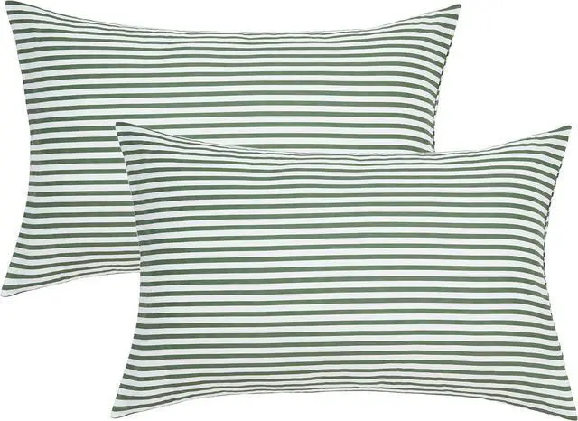 Main image of 100% Natural Cotton Striped Standard Pillowcases Set 2 Pack White and Green Stripes Pattern Printed Pillow Covers with Envelope Closure(Pillows are not Included)