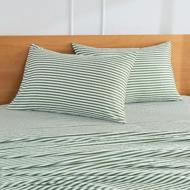 Alt view image 2 of 7 - 100% Natural Cotton Striped Standard Pillowcases Set 2 Pack White and Green Stripes Pattern Printed Pillow Covers with Envelope Closure(Pillows are not Included)