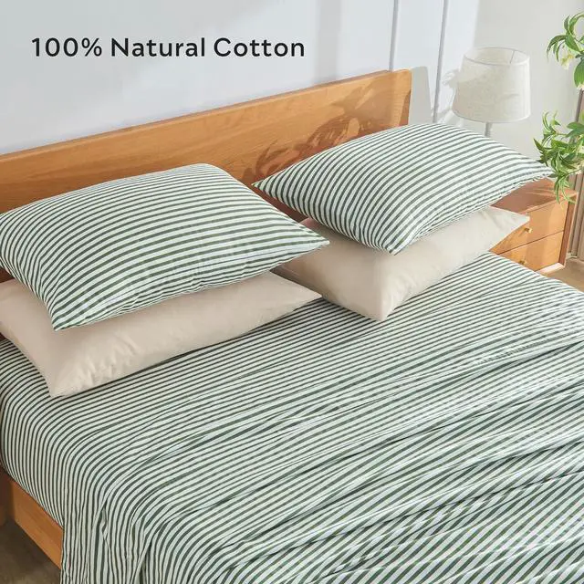 Alt view image 3 of 7 - 100% Natural Cotton Striped Standard Pillowcases Set 2 Pack White and Green Stripes Pattern Printed Pillow Covers with Envelope Closure(Pillows are not Included)