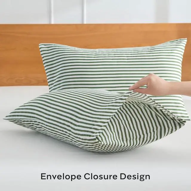 Alt view image 4 of 7 - 100% Natural Cotton Striped Standard Pillowcases Set 2 Pack White and Green Stripes Pattern Printed Pillow Covers with Envelope Closure(Pillows are not Included)