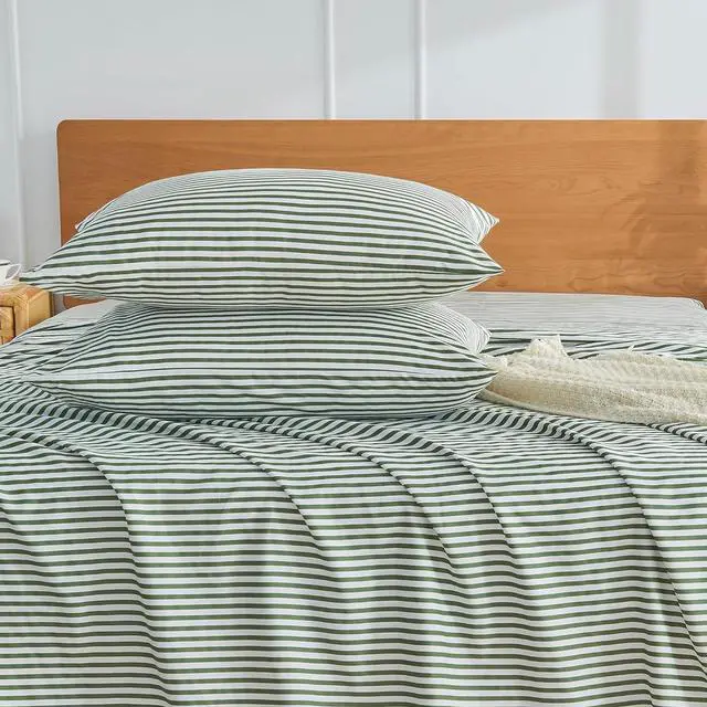 Alt view image 5 of 7 - 100% Natural Cotton Striped Standard Pillowcases Set 2 Pack White and Green Stripes Pattern Printed Pillow Covers with Envelope Closure(Pillows are not Included)
