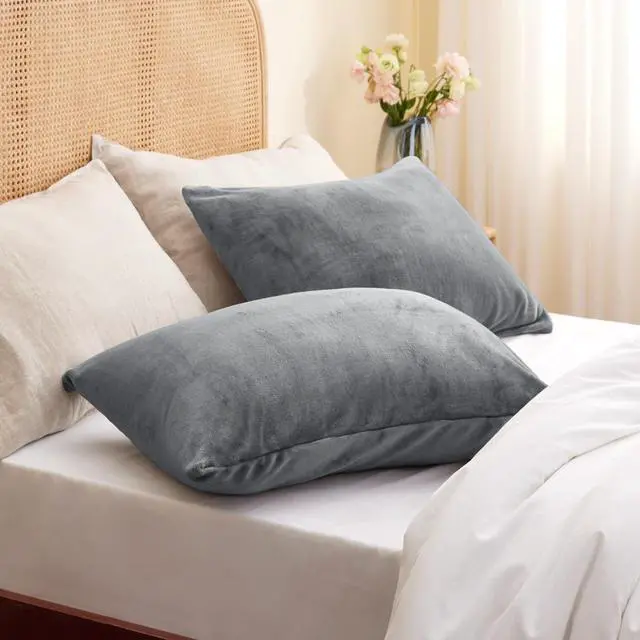 Alt view image 2 of 7 - Flannel Pillow Cases Queen Size Set of 2 Super Soft Fleece Pillowcases with Zipper for Bedroom Sofa Couch Luxury Cozy Fuzzy Velvet Pillow Shams for All Seasons(20x30 Inches Gray)