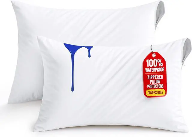 Main image of Waterproof Pillow Protectors Zippered King Size (2 Pack White) Zippered Pillowcases Bed Bug Proof Pillow Encasement Covers 20 x 38 Inches