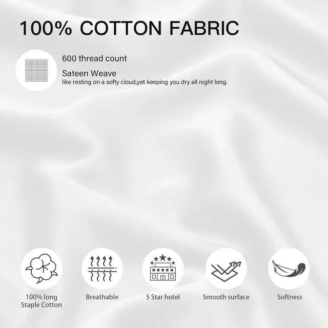 Alt view image 2 of 7 - 100% Cotton Pillow Cases Queen Size Set of 2 600 Thread Count Cotton Queen Pillowcases White Pillow Cases Set of 2 with Envelop Closure 20x30 Inches